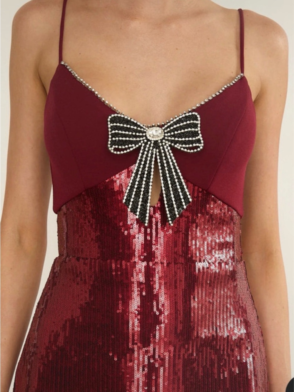 Selfie Leslie Burgundy Sequin Maxi Dress with Jeweled Bow